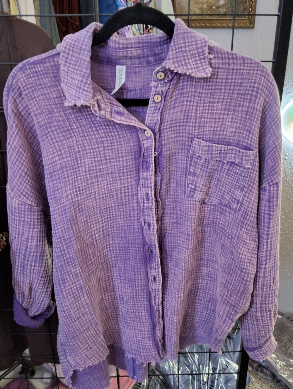 Zenana Lavender Button-Up Cotton Shirt